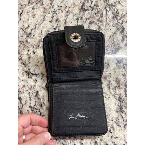 Vera Bradley Black Quilted Snap Wallet ID Case Compact Zip Coin Purse Minimalist - Picture 4 of 6